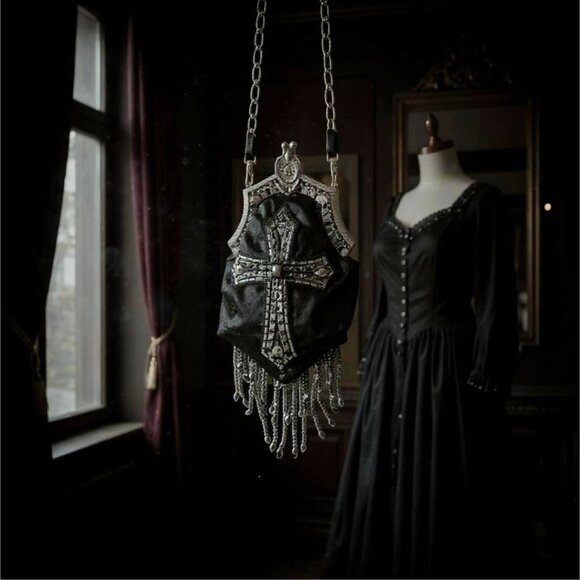 Sacred Vigils Fringe Shoulder Bag w/ Gothic Cross & Chain Strap Velvet by Widow - Picture 1 of 12
